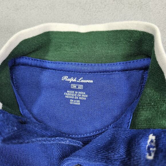 Ralph Lauren Boys 3 Months Blue Football Bear Rugby Polo One Piece Romper Snaps - Picture 6 of 10